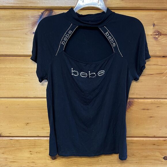 bebe Tops - BEBE Crystal Rhinstone Logo Peek A Boo Front Black Crystal Top Mock Neck L